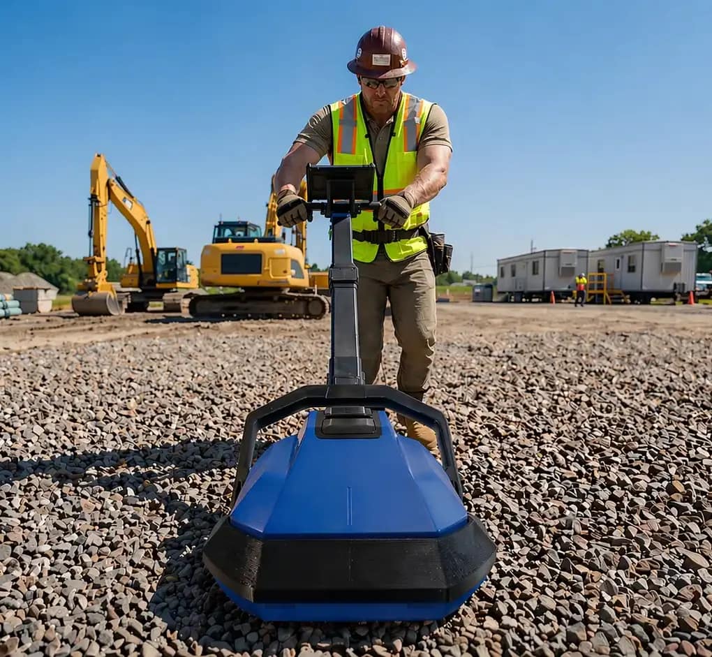 Construction worker operating GroundScope unit on gravel site