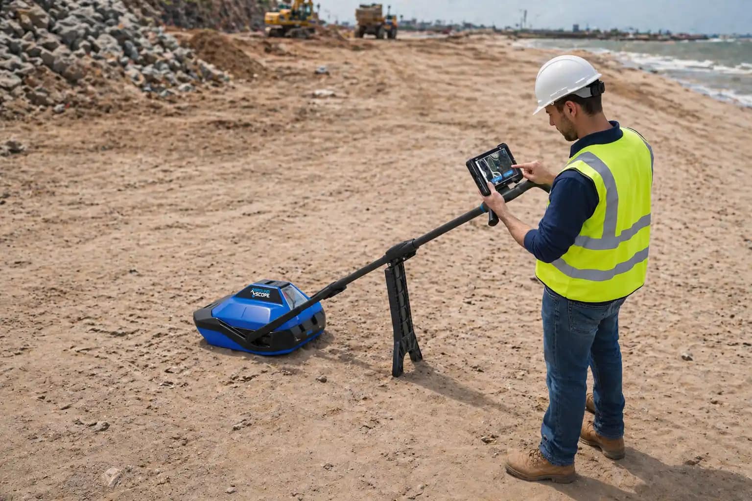 Technician starting a scan of the sand for utilities