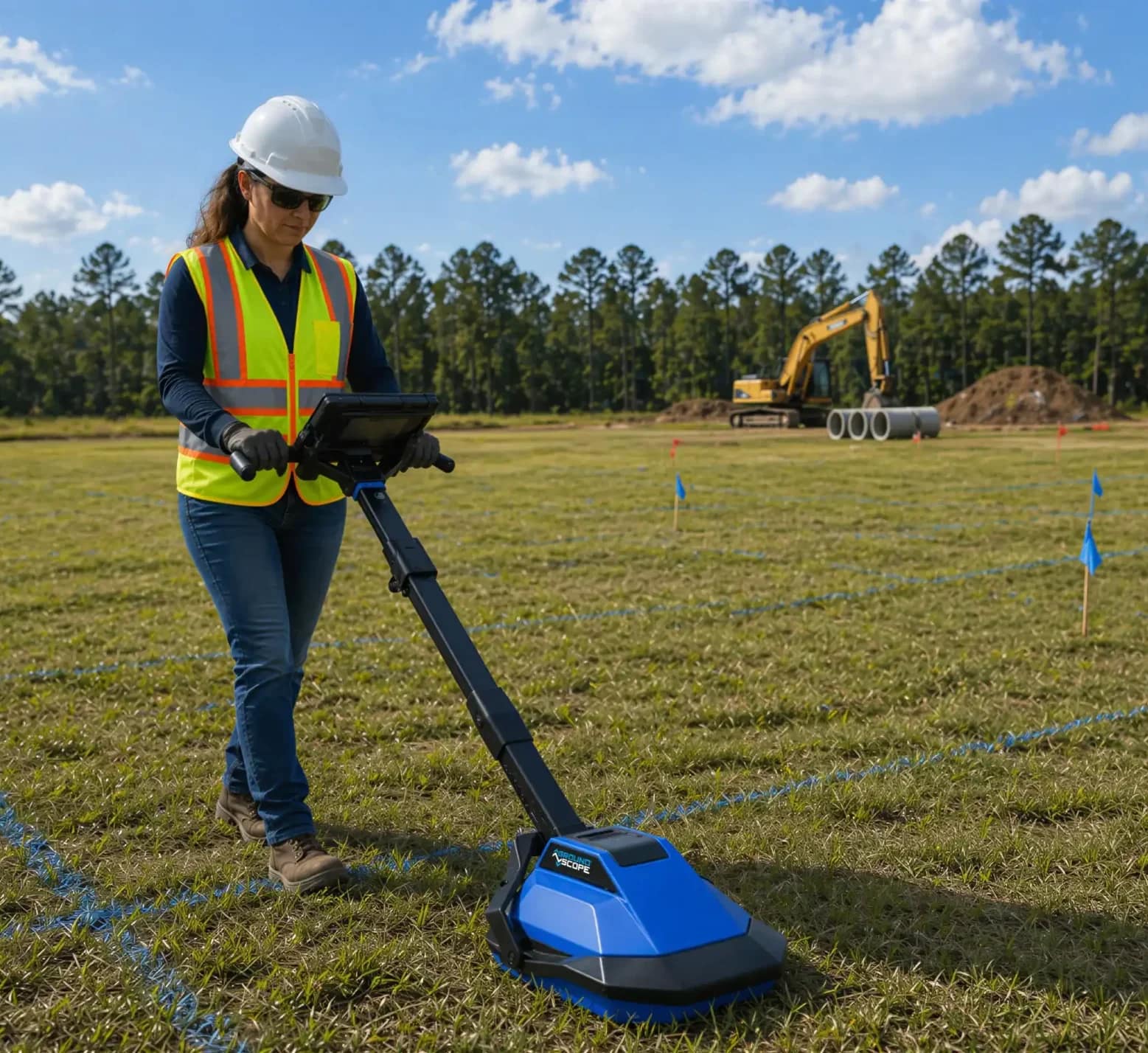 Female technician locating a utility line in grass field