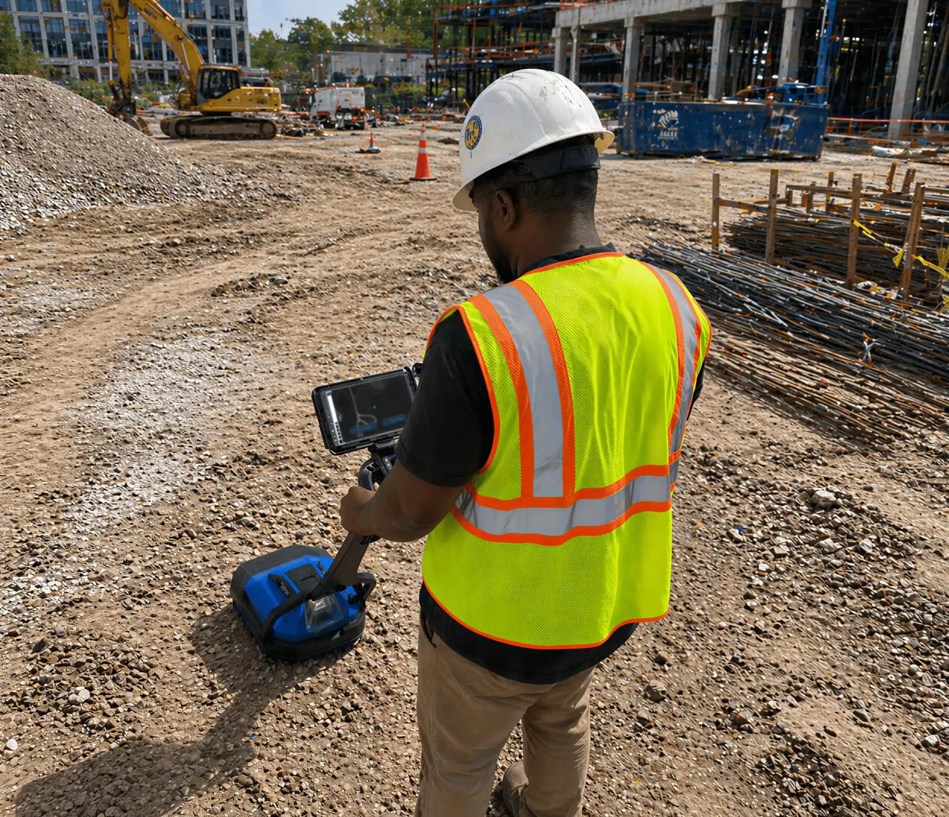 Construction worker starting scan on tablet